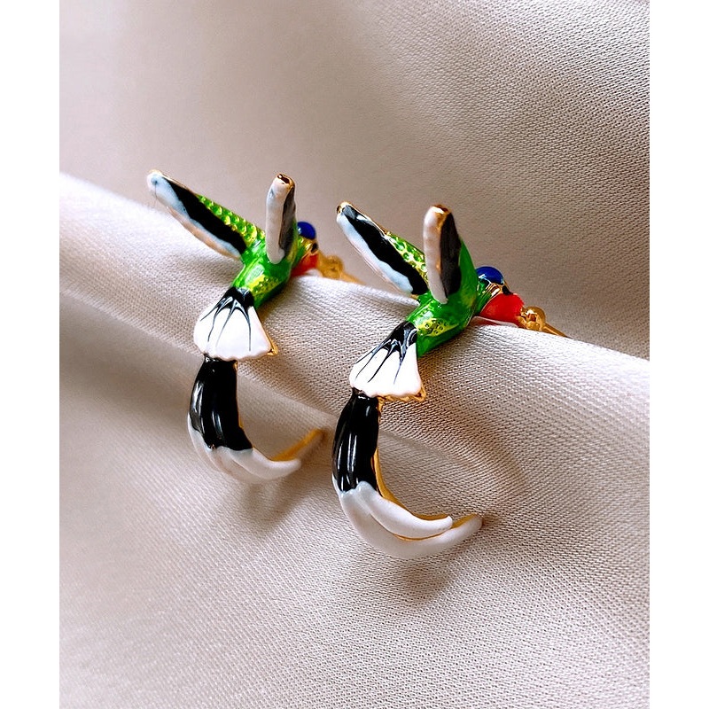 Unique Multicolor Copper Drip Glaze Graphic Little Birds Hoop Earrings