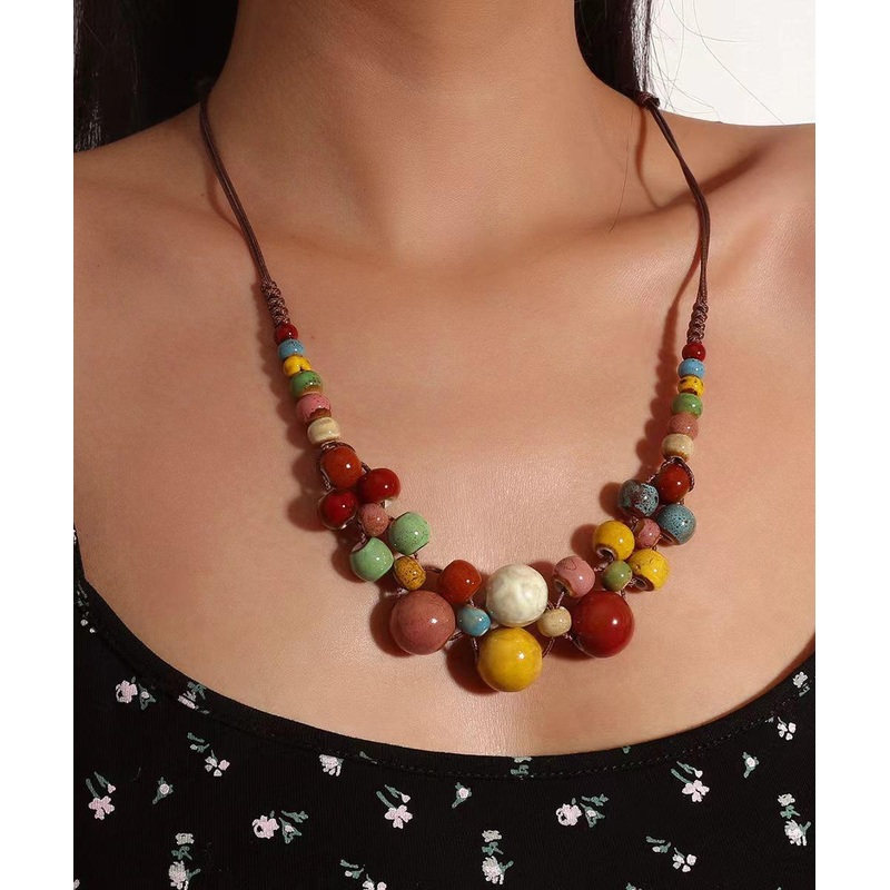 Women Brown Weave Ceramic Beading Gratuated Bead Necklace