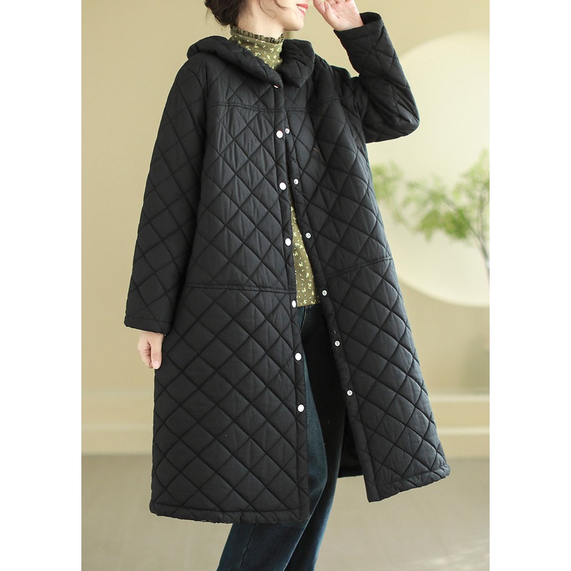 Plus Size Black Oversized Plaid Fine Cotton Filled Puffer Jacket Winter