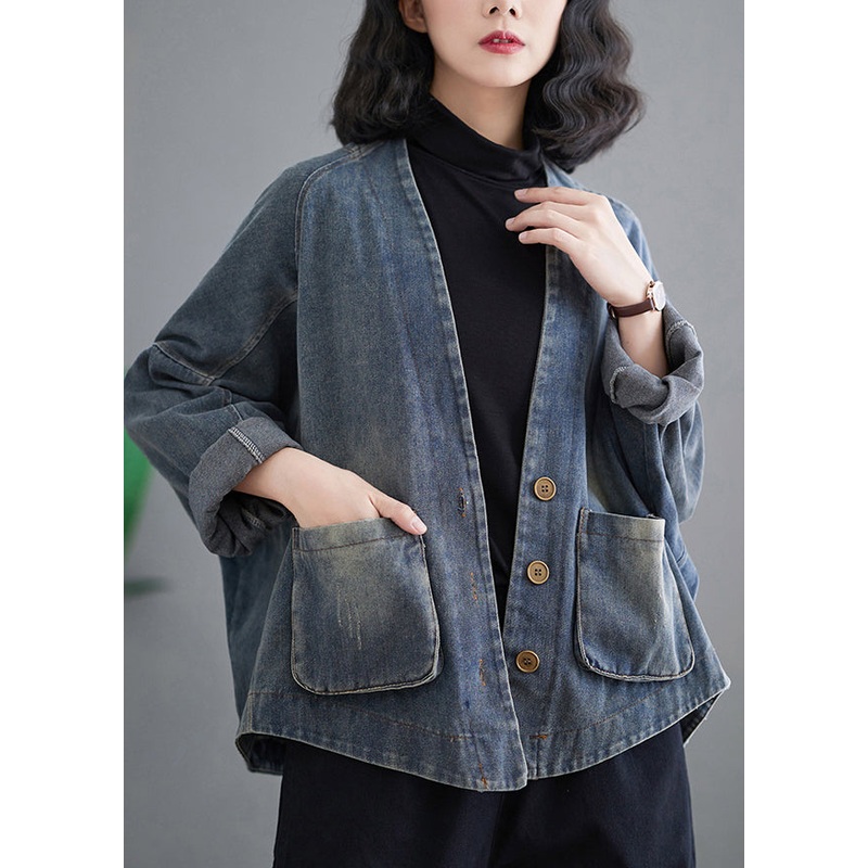 Plus Size Blue Oversized Pockets Denim Coat Outwear Spring