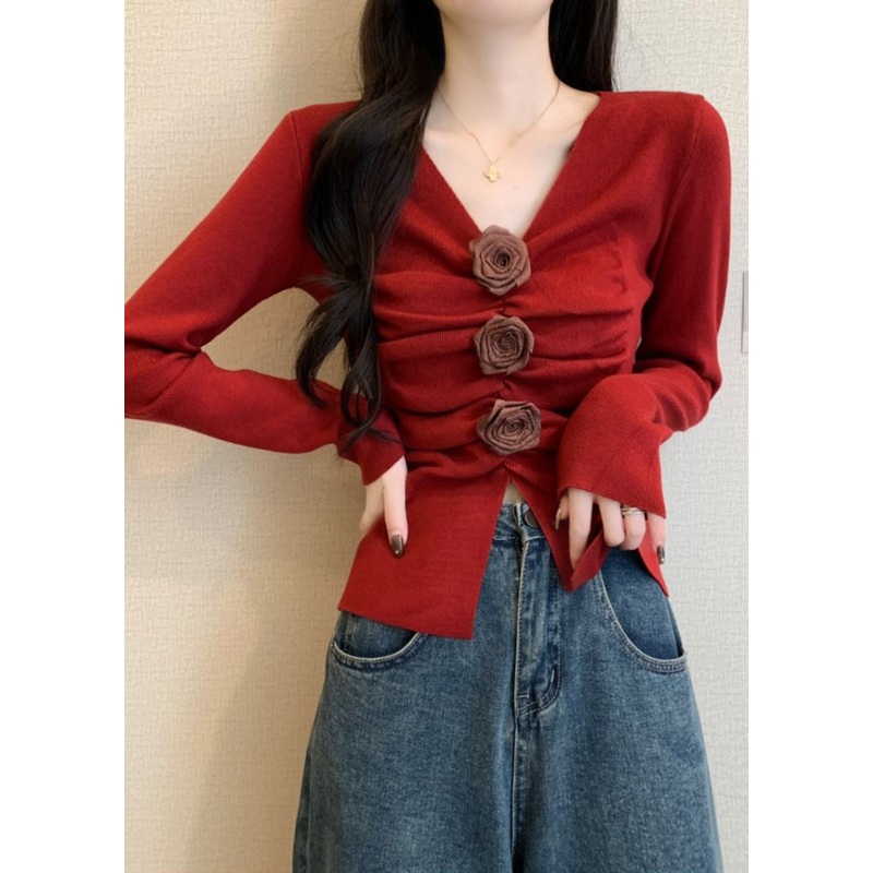Stylish Red Floral Wrinkled Knit Sweater Spring
