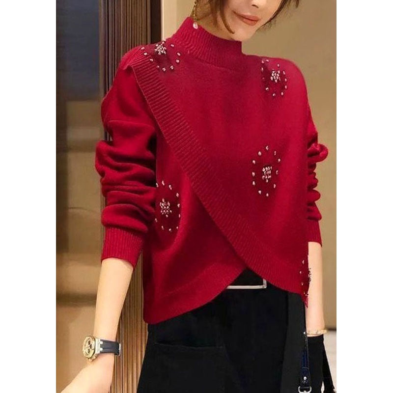 Stylish Red Hign Neck Nail Bead Woolen Knit Pullover Spring