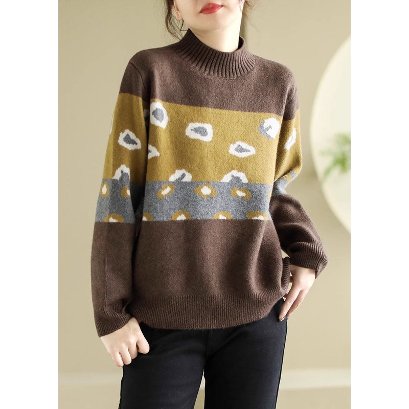 Unique Coffee O Neck Thick Print Knit Sweater Spring
