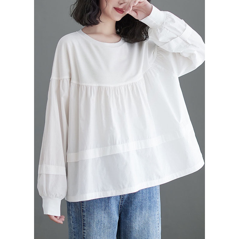 White Loose Patchwork Cotton Blouse Top O Neck Puff Sleeve