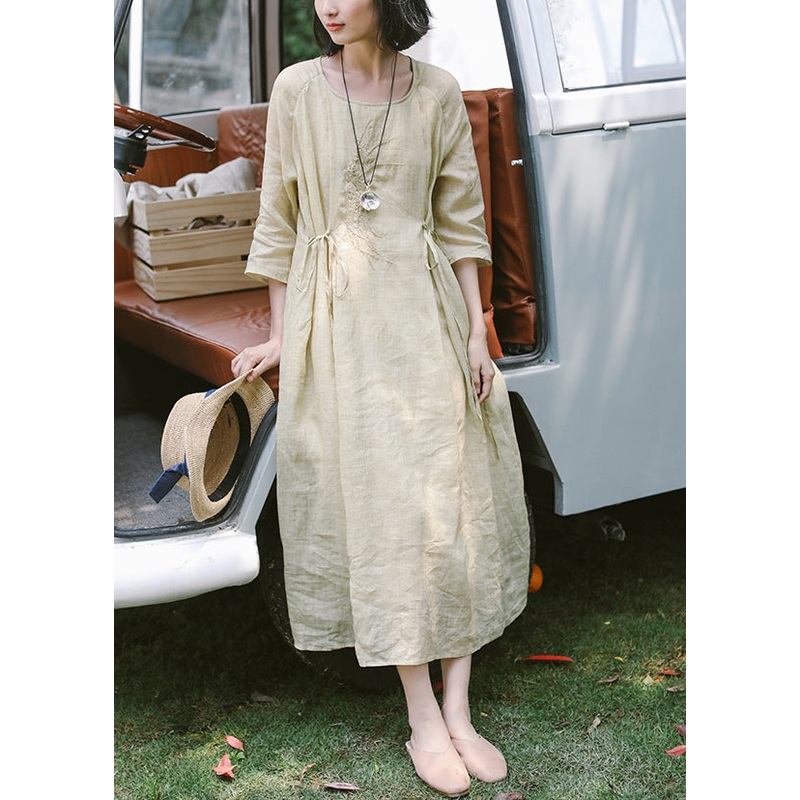 Women Apricot Embroidered Tie Waist Linen Dress Summer