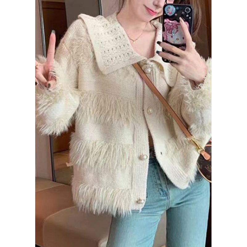 Art Beige Fluffy Button Patchwork Knit Coats Spring