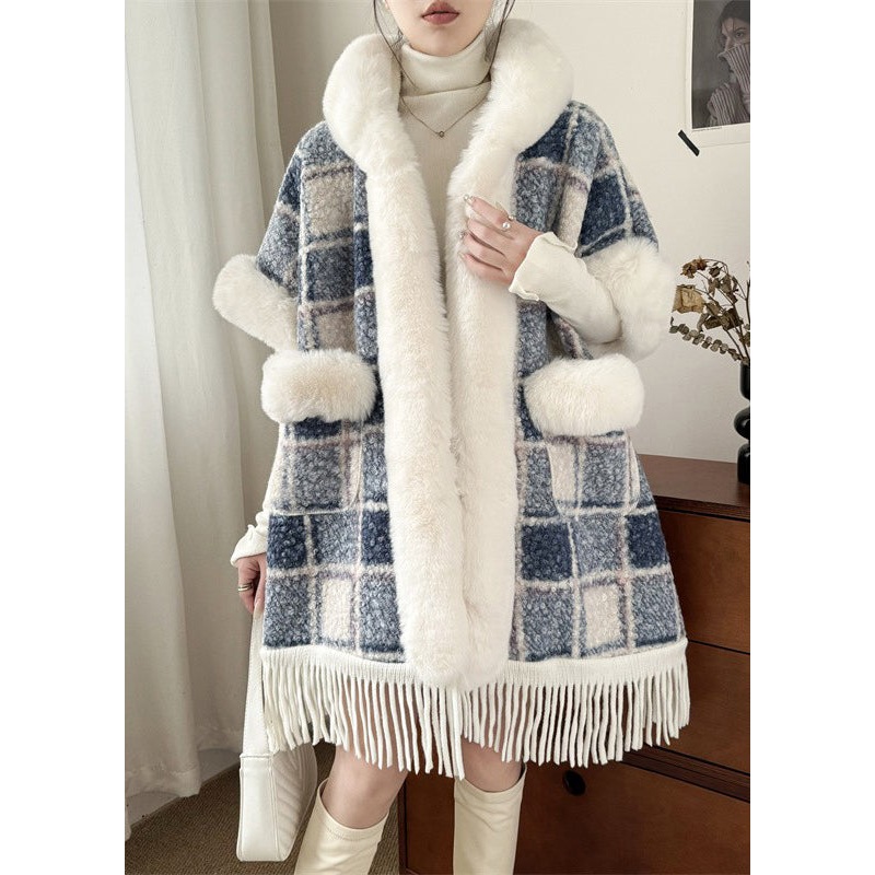 Art Blue Plaid Hooded Pockets Warm Fleece Cape Coat Spring