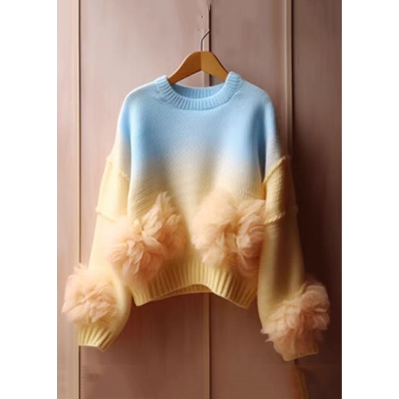 Art Gradient Color O Neck Patchwork Knit Sweater Spring