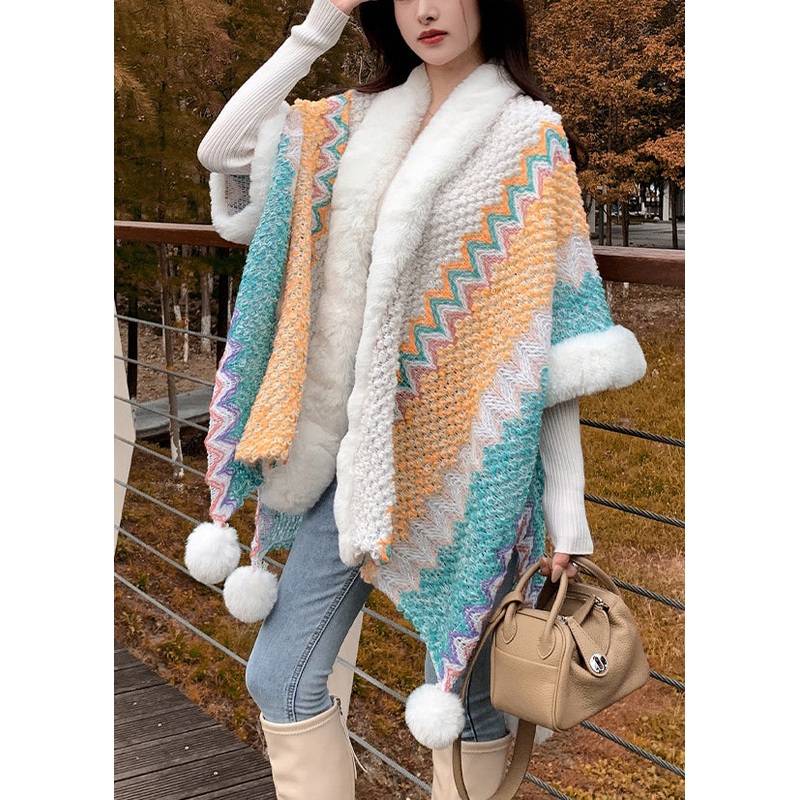 Art Green Fur Collar Fuzzy Ball Patchwork Knit Cape Coat Spring