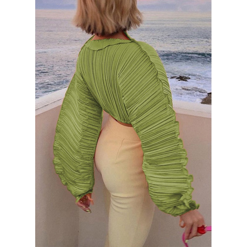 Art Green Wrinkled Lace Up Cotton Short Top Spring