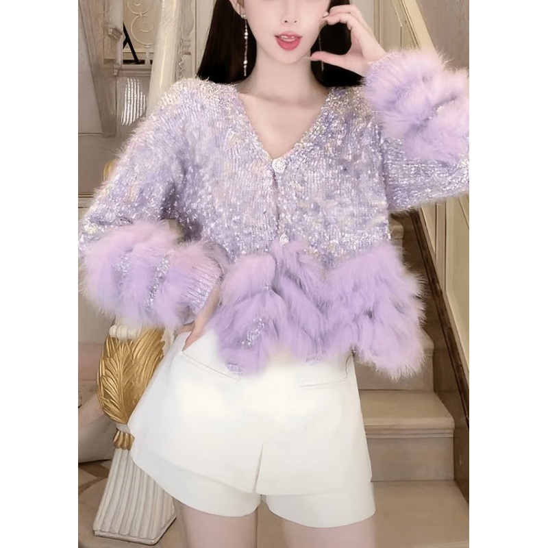 Art Purple V Neck Fluffy Patchwork Knit Coats Spring