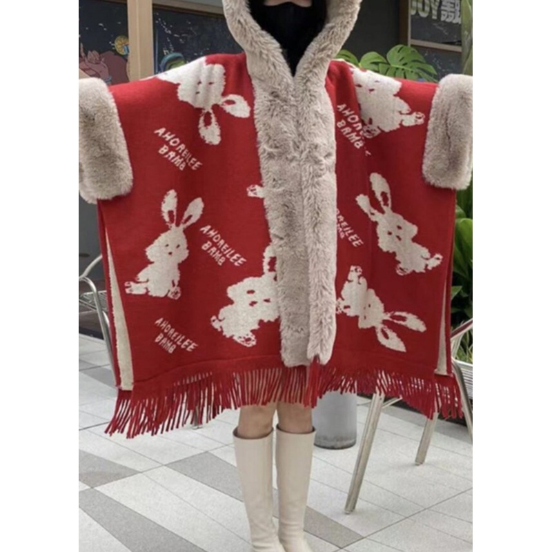 Art Red Hooded Print Patchwork Warm Fleece Cape Coats Spring