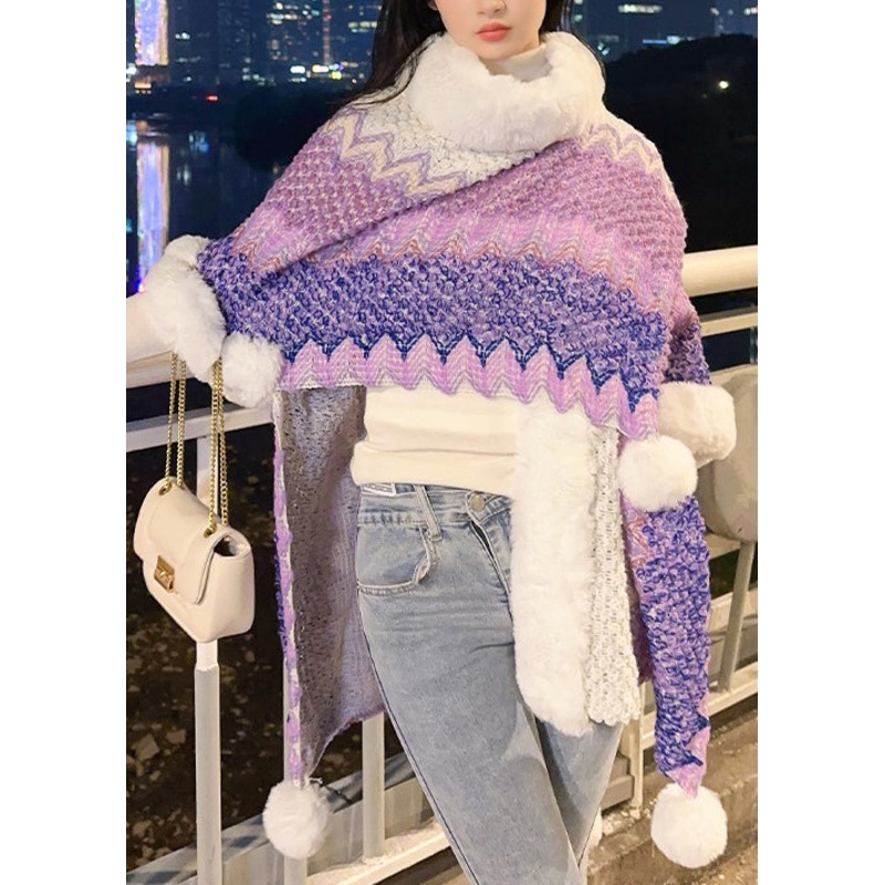 Chic Purple V Neck Fuzzy Ball Patchwork Knit Cape Coats Spring