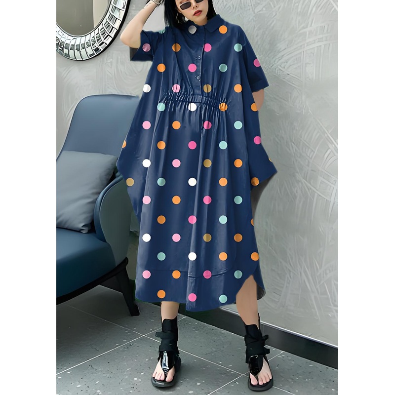 DIY Blue dots cotton clothes Women lapel asymmetric Kaftan Dress