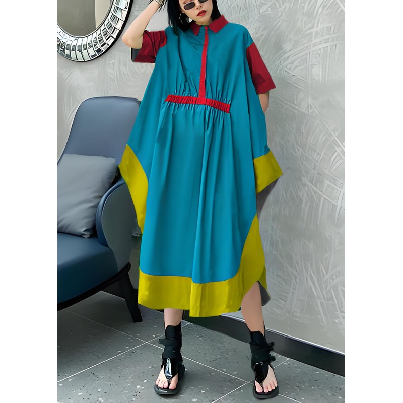 DIY Blue Geometry cotton clothes Women lapel asymmetric Kaftan Dress