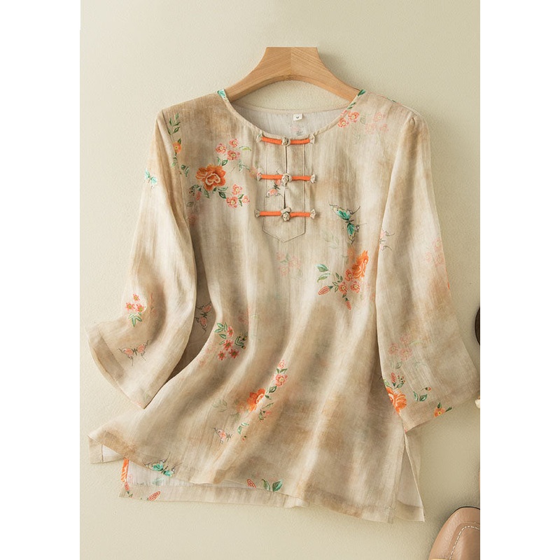 Grace Style Apricot O-Neck Print Oriental Button Side Open Linen Shirt Top Bracelet Sleeve