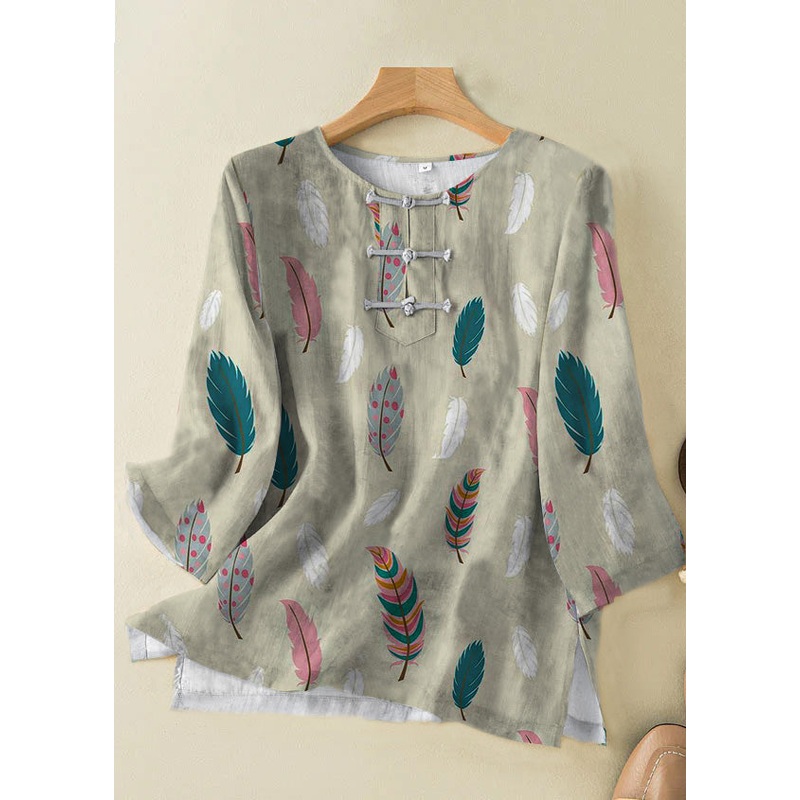 Grace Style Grey Feather O-Neck Print Oriental Button Side Open Linen Shirt Top Bracelet Sleeve