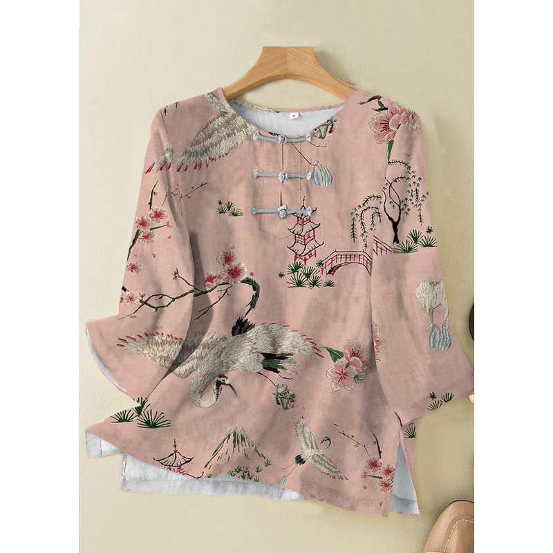 Grace Style Pink Crane O-Neck Print Oriental Button Side Open Linen Shirt Top Bracelet Sleeve