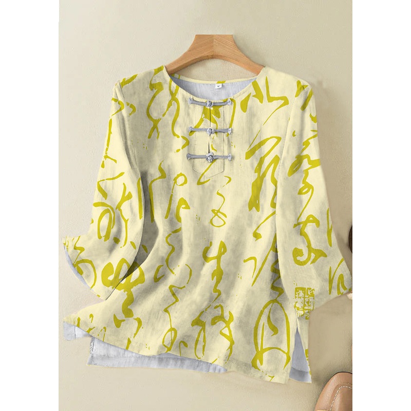 Grace Style Yellow text O-Neck Print Oriental Button Side Open Linen Shirt Top Bracelet Sleeve