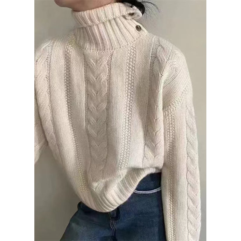 Women Apricot Turtleneck Thick Cable Knit Sweater Spring