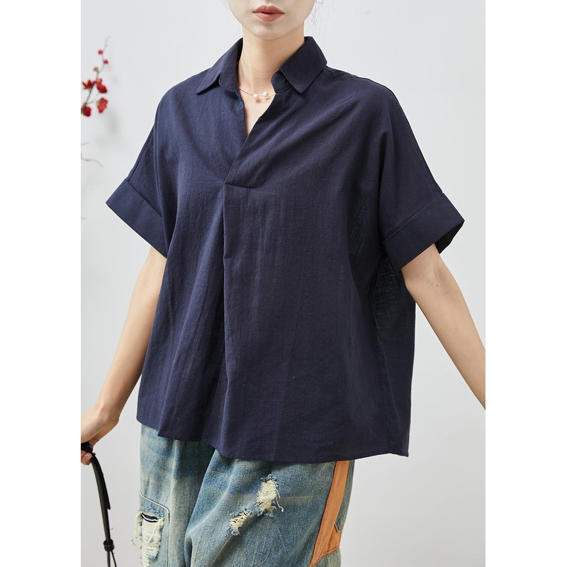 Women Navy Peter Pan Collar Wrinkled Cotton Blouses Summer