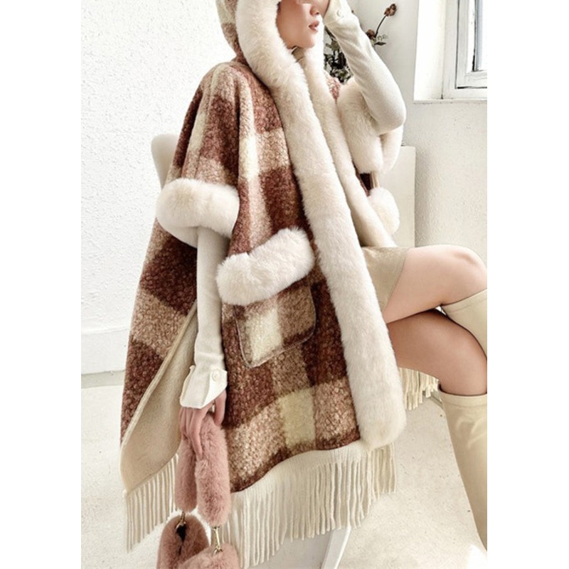 Women Orange Fur Collar Tasseled Warm Fleece Cape Coats Half Sleeve