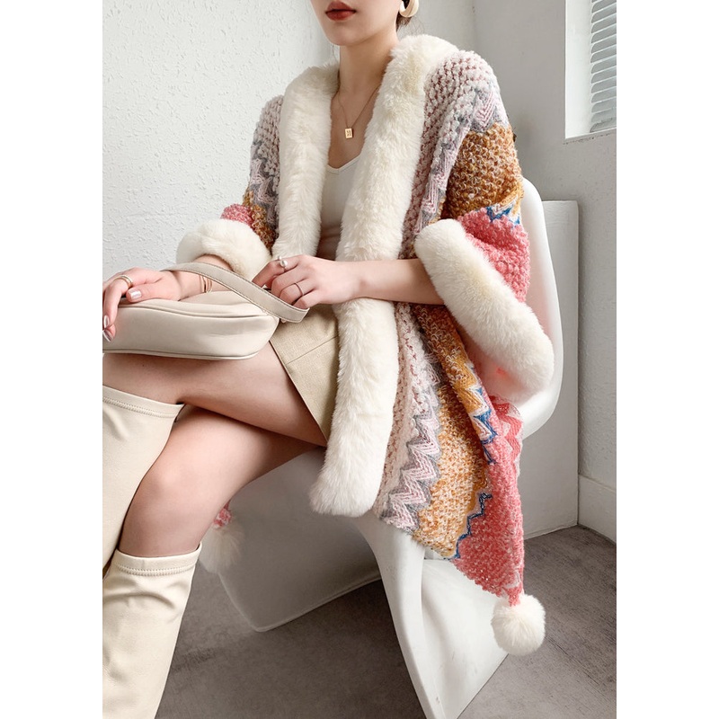 Women Pink Fur Collar Patchwork Warm Fleece Cape Coats Spring