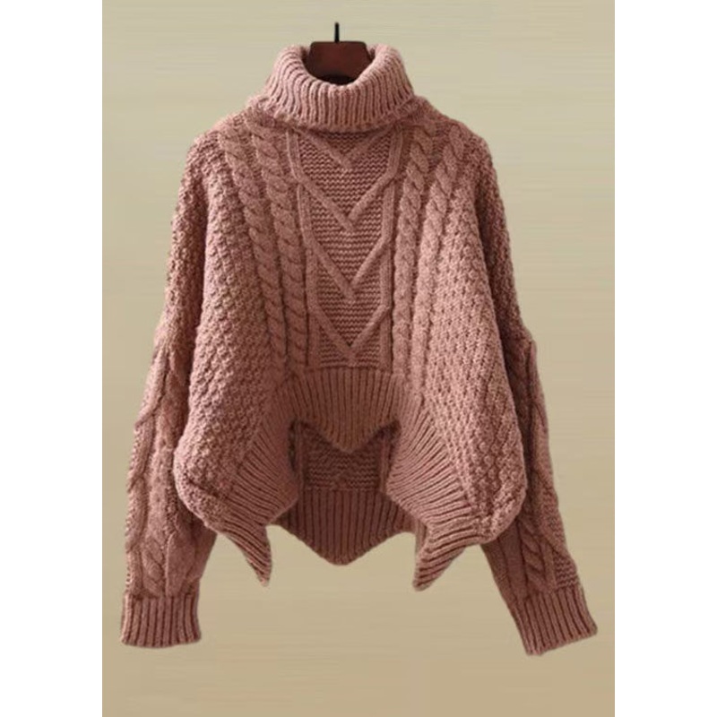 Women Skin Red Turtleneck Low High Design Knit Sweater Spring