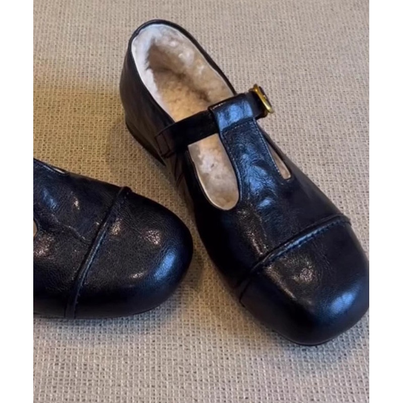 Black Loafers Sheepskin Comfy Splicing Fuzzy Wool Lined