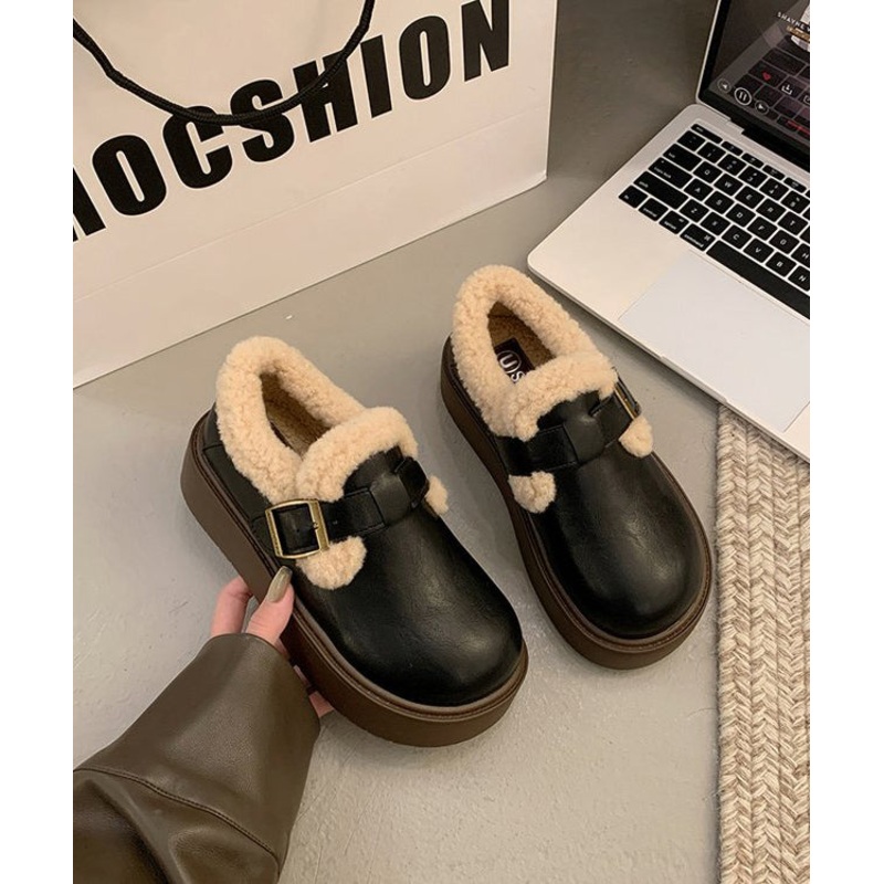 Black Splicing Platform Loafer Shoes Fuzzy Wool Lined