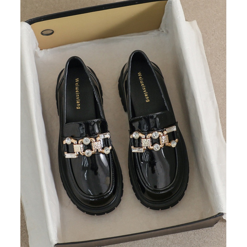 Black Zircon Platform Faux Leather Casual Splicing Loafers