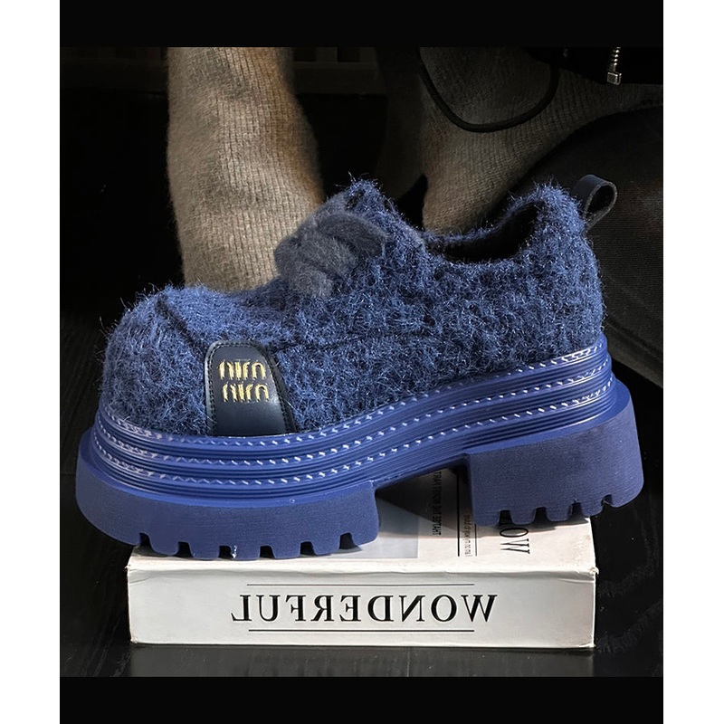 Blue Lace Up Chunky Sheepskin Chic Splicing Loafers