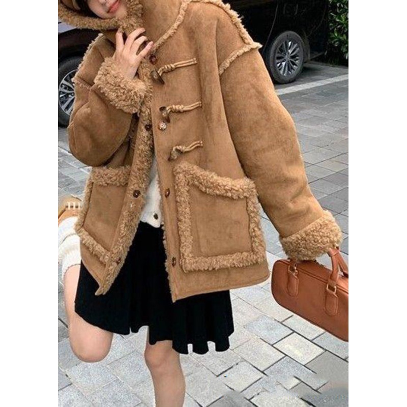 Vintage Brown Hooded Pockets Fleece Wool Lined Coat Spring