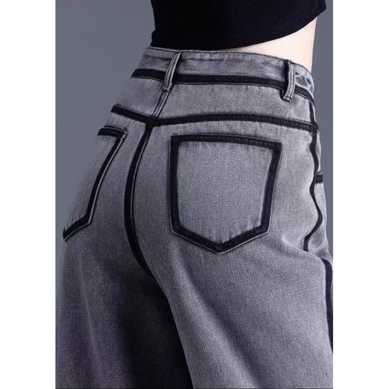 Vintage Grey Pockets High Waist Warm Fleece Pants Spring