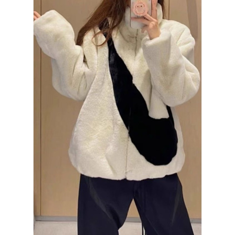 Women Apricot Stand Collar Zip Up Fuzzy Fur Fluffy Coat Spring