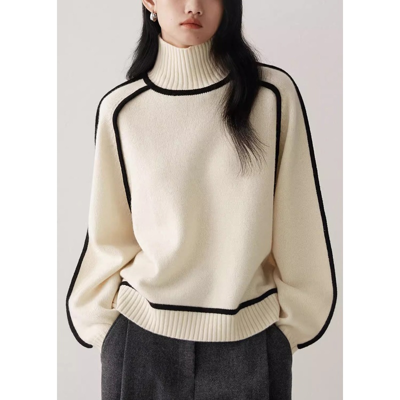 Women Beige Turtleneck Cozy Patchwork Knit Sweater Spring