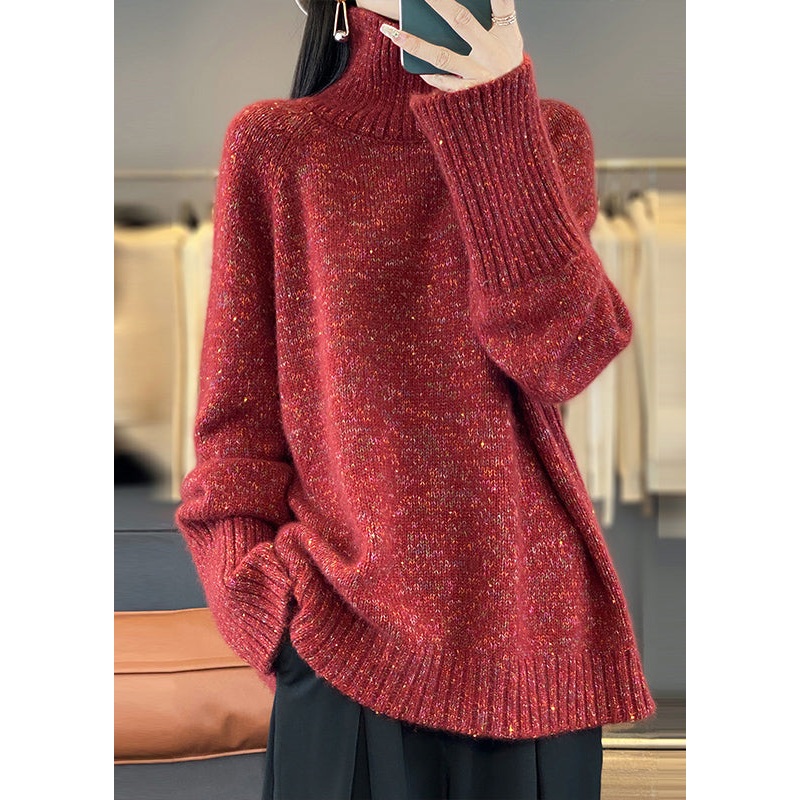 Women Red Turtleneck Cozy Thick Cashmere Knit Sweaters Spring