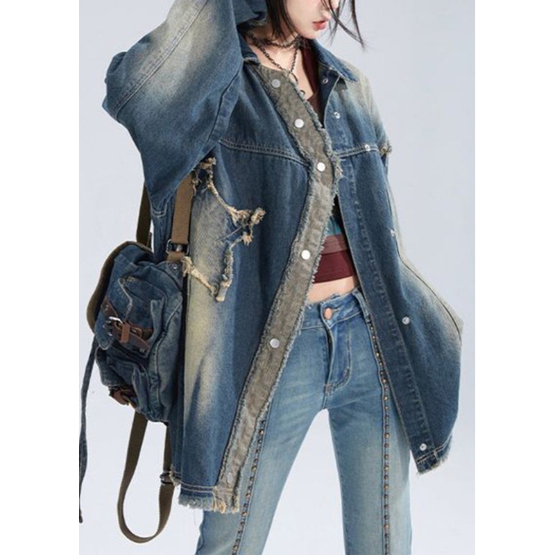American Style Blue Peter Pan Collar Patch Denim Coat Spring