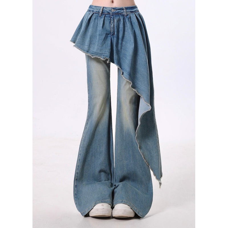 Bohemian Blue Asymmetrical Patchwork Denim Flared Trousers Pants Spring