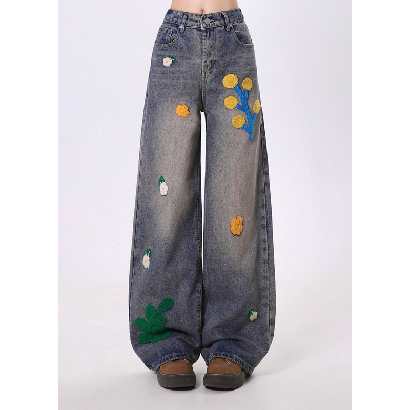 Bohemian Blue Embroidered Denim Straight Pants Spring