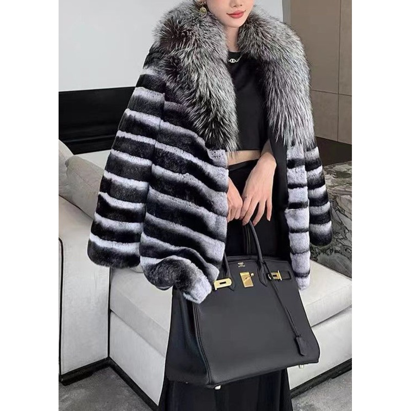 Boutique Black Grey V Neck Fur Collar Patchwork The Rabbit Wool Coat Winter