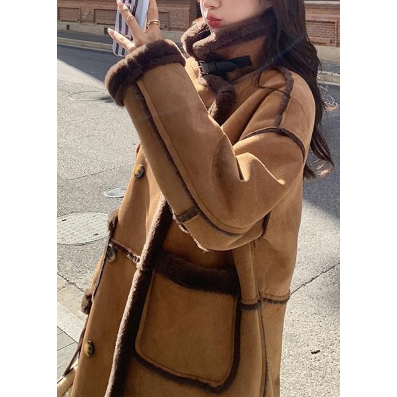 Boutique Khaki Pockets Patchwork Faux Suede Fleece Wool Lined Coat Winter