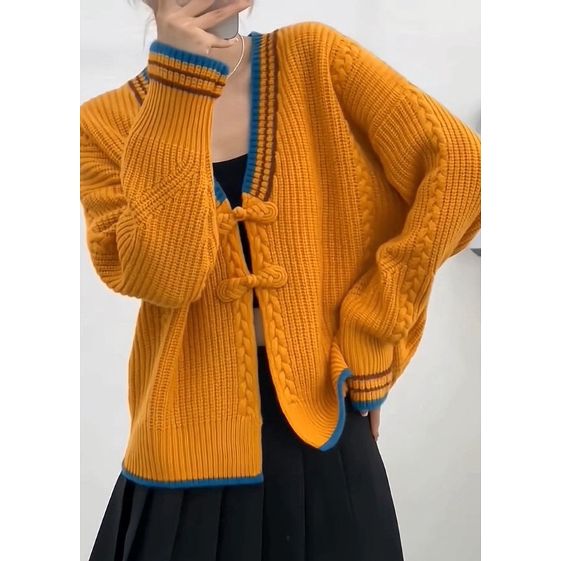 Chic Orange V Neck Oriental Button Knit Cardigan Spring