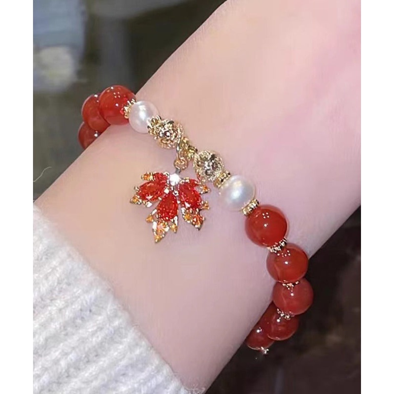 Chinese Style Red Copper Alloy Agate Maple Leaf Pearl Charm Bracelet
