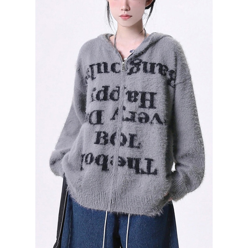 DIY Grey Oversized Letter Print Knit Hoodie Coat Spring