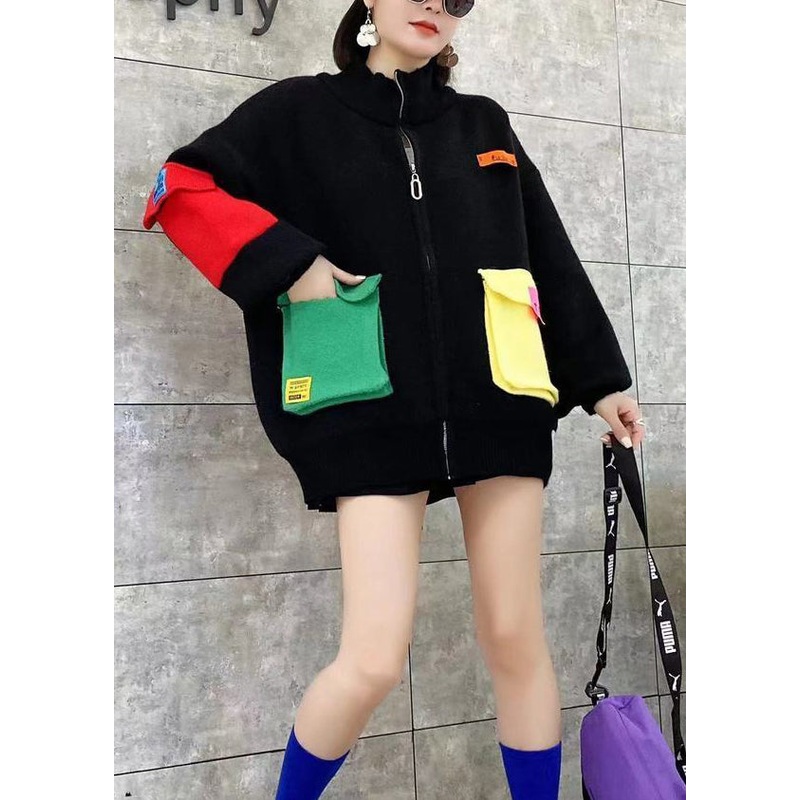 Fashion Black Zip Up Pockets Patchwork Knit Cardigans Spring