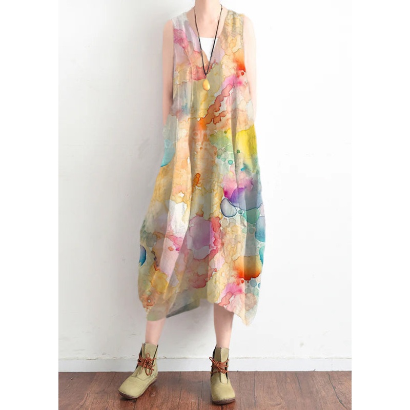 French Color Geometry dots v neck linen clothes For Women stylish design sleevless loose summer Dress