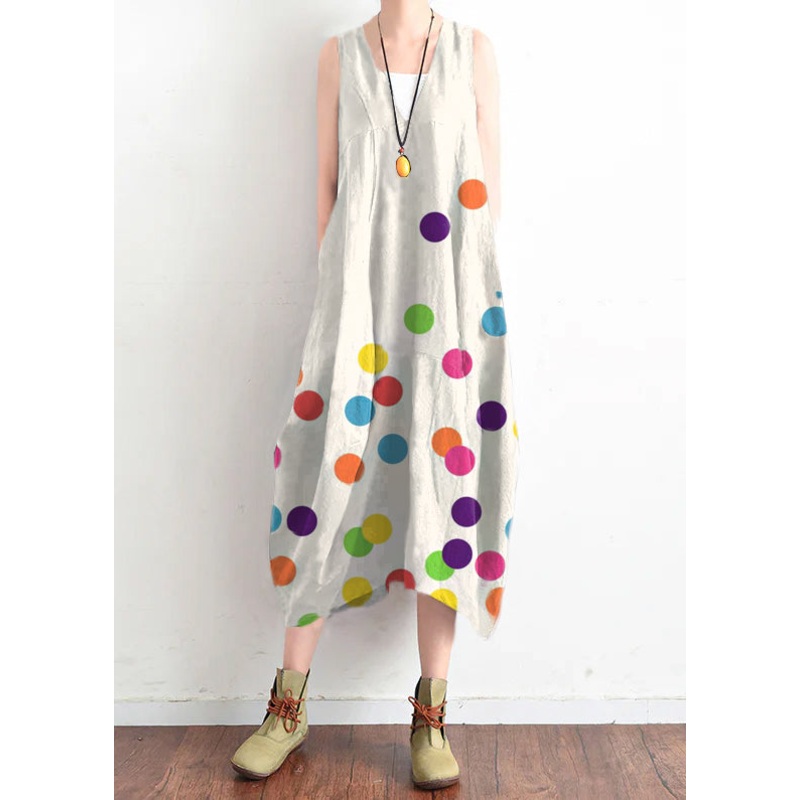 French White polka dots v neck linen clothes For Women stylish design sleevless loose summer Dress