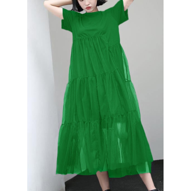 Loose Green cotton Tunic asymmetric patchwork A Line summer Dress