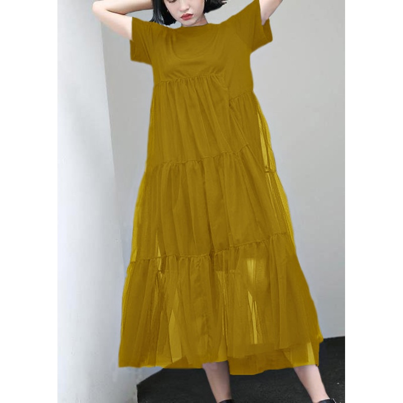 Loose Yellow cotton Tunic asymmetric patchwork A Line summer Dress
